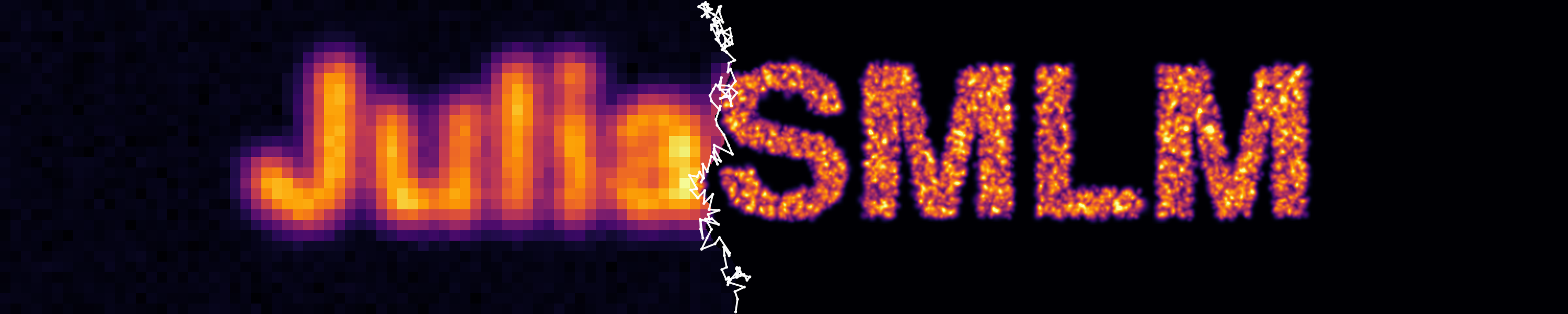 Diffraction-limited vs single-molecule localization rendering of "JuliaSMLM"